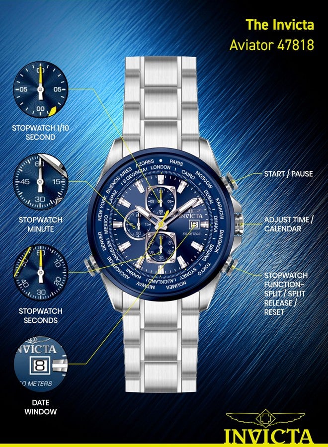 إنفيكتا ساعة إنفيكتا أفياتور رجالية 50 مم، مصنوعة من الفولاذ المقاوم للصدأ، مينا أزرق + مينا أزرق فولاذي، حركة كوارتز VD57 - Image 4